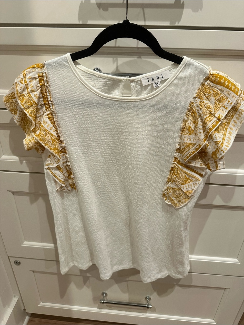 THML White Tee with Yellow Patterned Ruffle Sleeves
